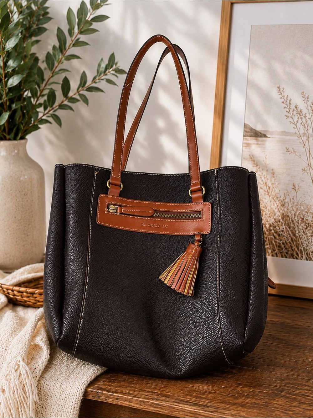 St. John's Bay Women's Brown Faux Leather Tote Bag - Large Shoulder Purse